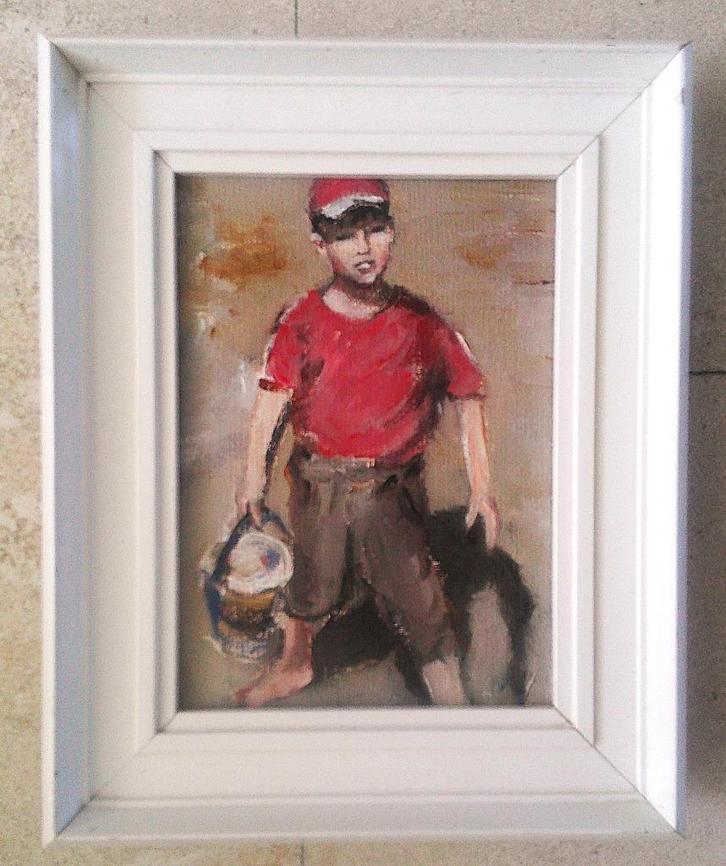 Jongetje op het strand 2005 - Johannes van Vugt (geb. 1954), Antiek en Kunst, Kunst | Schilderijen | Klassiek, Ophalen of Verzenden