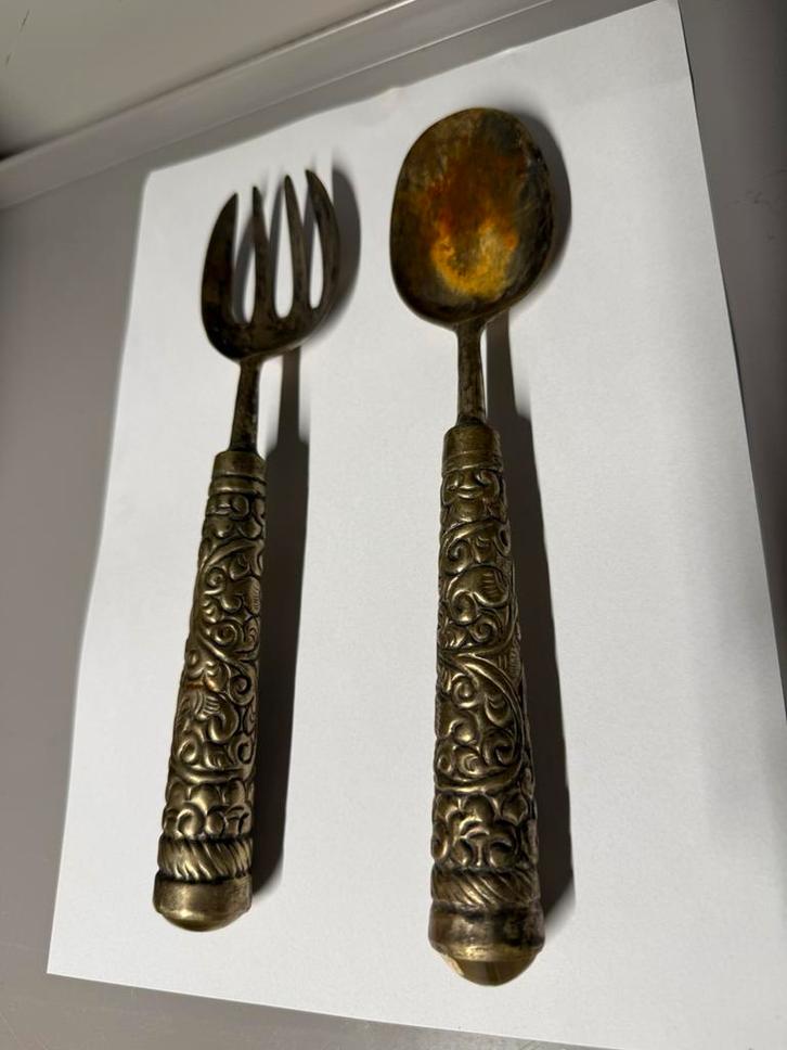Antieke serveerlepel + vork met edelsteen handgrepen, Antiek en Kunst, Antiek | Bestek, Ophalen of Verzenden