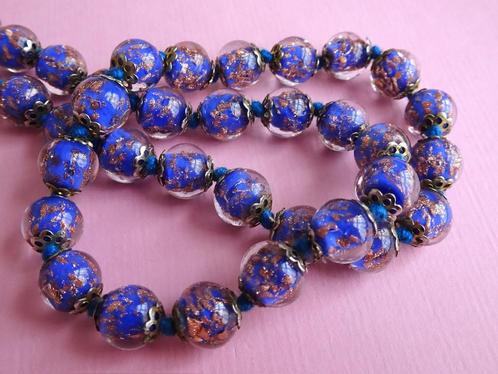jwg Vintage 70s 80s murano glas kralen ketting blauw goud kl, Sieraden, Tassen en Uiterlijk, Antieke sieraden, Ketting, Overige materialen
