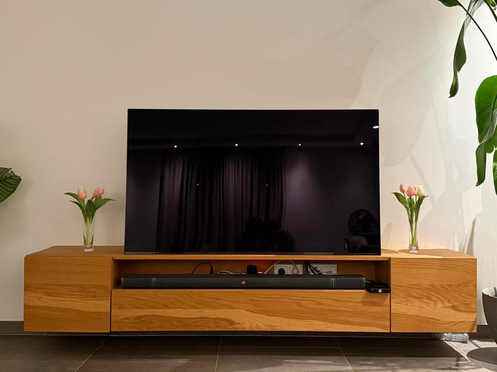 Moderne TV kast en salon tafel en 2 sidetafels  van Hout, 150 tot 200 cm, Eikenhout, Ophalen of Verzenden, Zo goed als nieuw