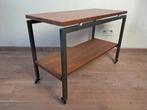 Vintage retro sidetable teakhout en staal op wielen, Ophalen, Gebruikt, 50 tot 100 cm, Teakhout