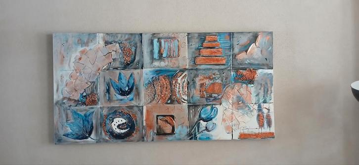 Abstract Kunstwerk op Canvas - Koper & Blauw, Antiek en Kunst, Kunst | Schilderijen | Klassiek, Ophalen of Verzenden