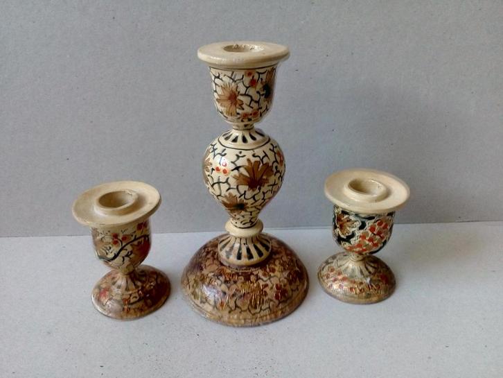 Papier mache Kasjmier kandelaars. Handgedecoreerd, Huis en Inrichting, Woonaccessoires | Kandelaars en Kaarsen, Gebruikt, Kandelaar