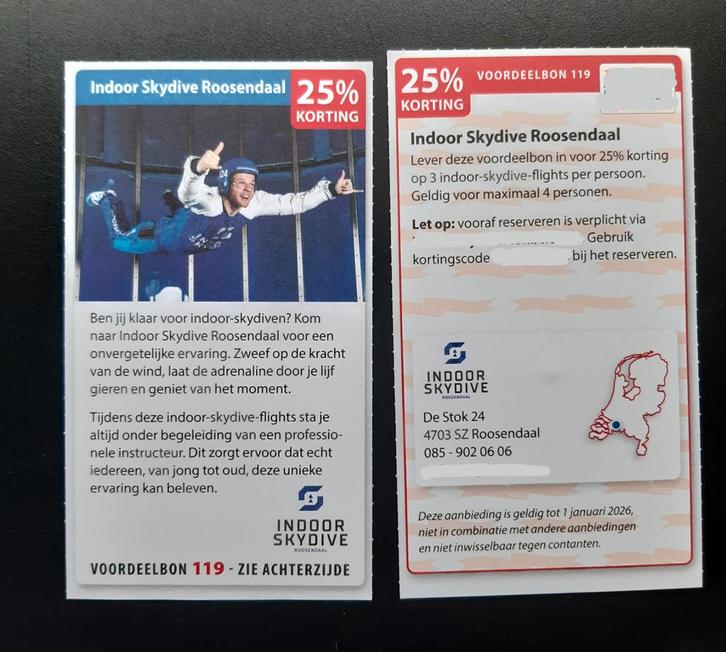 Indoor Skydive Roosendaal 25% korting., Tickets en Kaartjes, Kortingen en Cadeaubonnen, Drie personen of meer, Overige typen, Kortingsbon