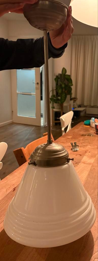 Oude Plafondlamp met Glazen Kap, Huis en Inrichting, Lampen | Hanglampen, Gebruikt, Minder dan 50 cm, Glas, Ophalen