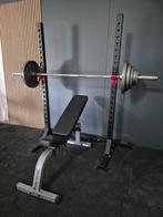 Pivot squatrack + bankje + halterset 125kg, Sport en Fitness, Ophalen, Zo goed als nieuw, Fitnessbank