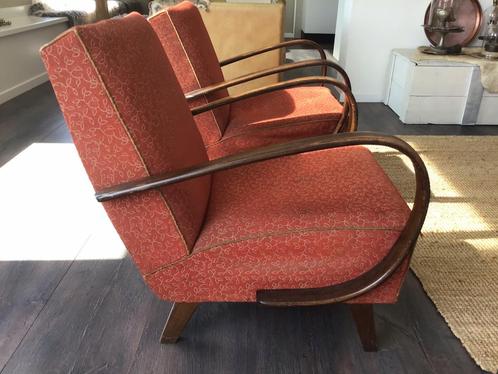 Jindrich Halabala set, 2 vintage fauteuils 1950’s origineel, Huis en Inrichting, Fauteuils, Zo goed als nieuw, Stof, 50 tot 75 cm