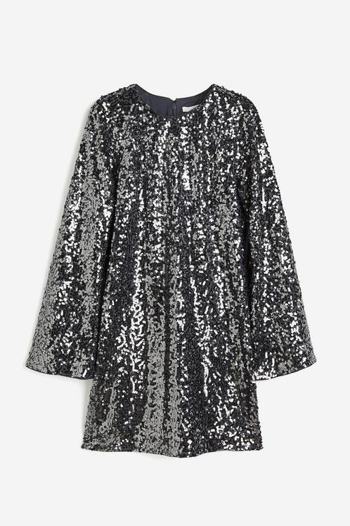 H&M - grijze pailletten jurk | maat S, Kleding | Dames, Jurken, Zo goed als nieuw, Maat 36 (S), Grijs, Boven de knie, Ophalen of Verzenden