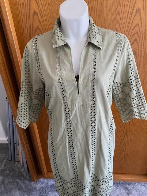 Erfo, be yourself, groene broderie jurk maat 44., Kleding | Dames, Jurken, Zo goed als nieuw, Maat 42/44 (L), Groen, Onder de knie