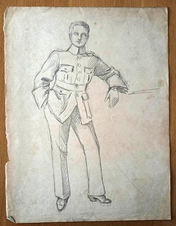 A493-75 Oude tekening Militair met hand in zak leunend beschikbaar voor biedingen