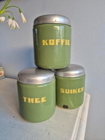 (VERKOCHT) reseda groen  emaille blikken koffie thee suiker beschikbaar voor biedingen