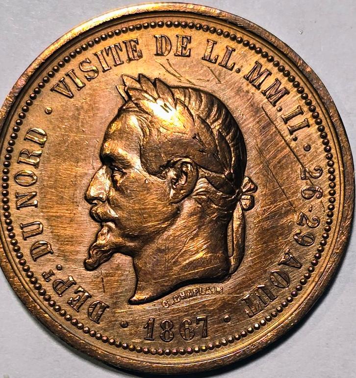 1867 Frankrijk Medaille 1867 bezoek Noord. Napoleon III, Postzegels en Munten, Munten | Europa | Niet-Euromunten, Losse munt, Frankrijk