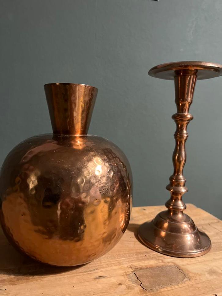 Koperen Vaas & Kandelaar Set, Huis en Inrichting, Woonaccessoires | Vazen, Zo goed als nieuw, Overige kleuren, Minder dan 50 cm