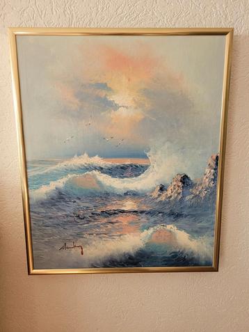 olieverf schilderij zee golven avondrood gesigneerd zon beschikbaar voor biedingen