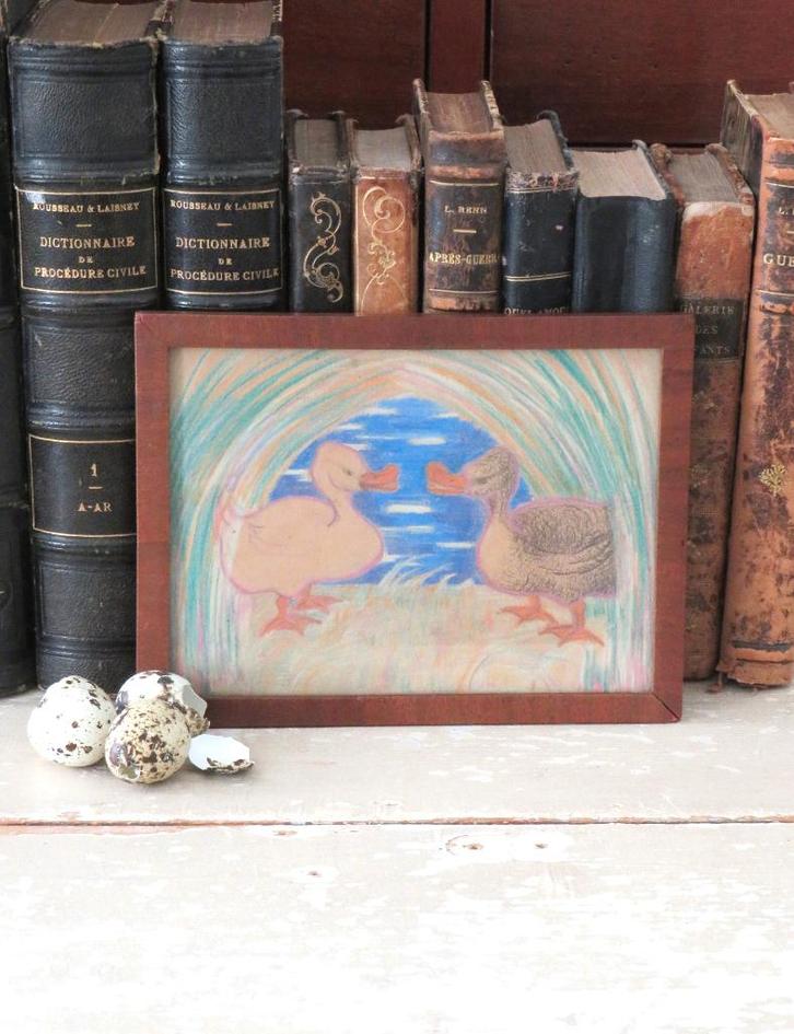 Oude tekening “Kuiken en eendje” 1920/1930, Antiek en Kunst, Curiosa en Brocante, Ophalen of Verzenden