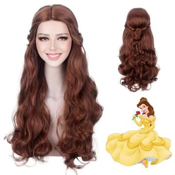 Disney - Belle pruik lang bruin haar met krullen en knotje beschikbaar voor biedingen