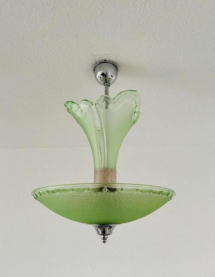 Art Deco Plafondlamp Jaren 30 Vintage Design, Huis en Inrichting, Lampen | Hanglampen, Gebruikt, Minder dan 50 cm, Glas, Ophalen