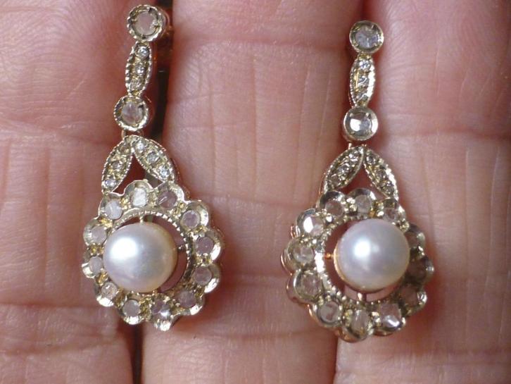 Gouden Oorhangers Diamanten en Parel / NIEUW + CERTIFICAAT, Sieraden, Tassen en Uiterlijk, Antieke sieraden, Oorbellen, Goud, Met edelsteen