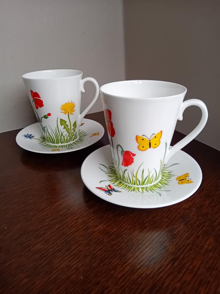 2x Fin Bone China kop en schotel en 2x mokje, Nieuw, Ophalen of Verzenden, Overige stijlen, Kop(pen) en/of Schotel(s)