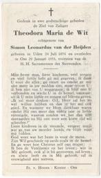 Theodora Maria de Wit 1874 Uden + 1953 Oss, 78 jaar, Verzamelen, Verzenden, Bidprentje