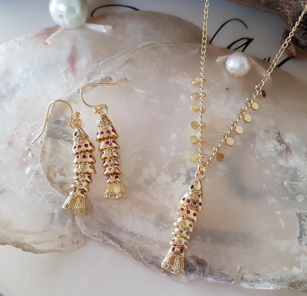 Flexibele Visjes/ Fish Ketting + Oorbellen 18K Goldplated, Overige materialen, Verzenden, Nieuw, Verstelbaar