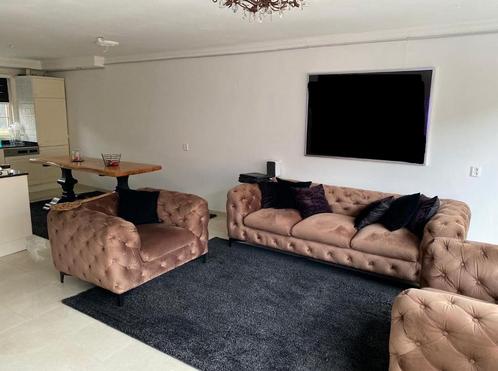 Chesterfield Bankstel - champagne velvet stof, Huis en Inrichting, Banken | Bankstellen, Gebruikt, Rechte bank, Driepersoons, 200 tot 250 cm