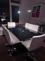 Moderne eettafel met 6 stoelen, Gebruikt, 100 tot 150 cm, Ophalen of Verzenden, Glas