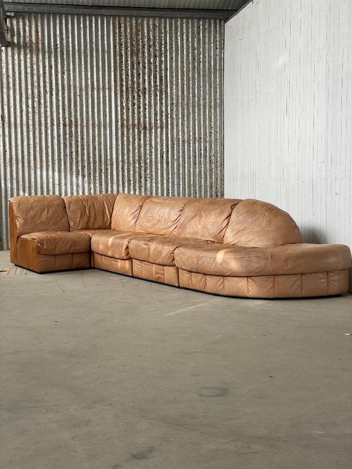 Vintage modulaire bank Laauser in bruin leer 1970, Huis en Inrichting, Banken | Bankstellen, Gebruikt, Overige maten, Minder dan 150 cm