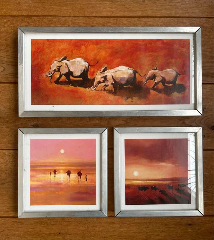 Savanne tekeningen in zilverkleurige lijsten, Antiek en Kunst, Kunst | Schilderijen | Klassiek, Ophalen of Verzenden