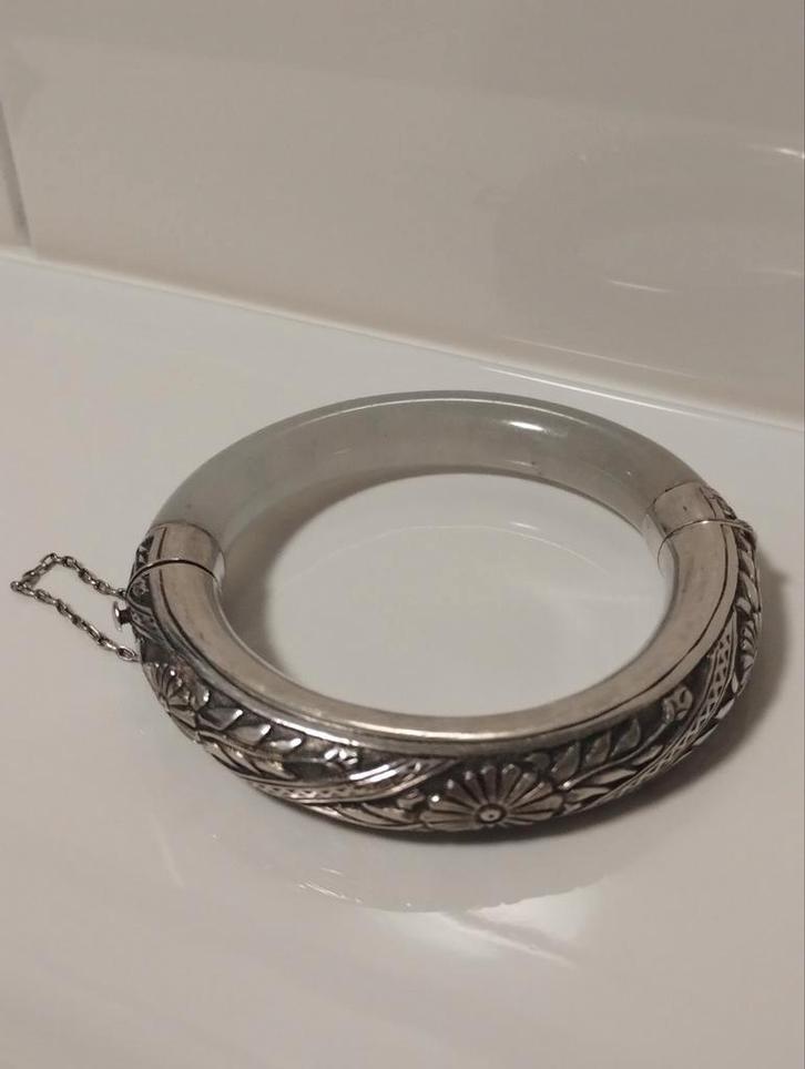 Antiek Chinese Art Nouveau zilver en jadeite jade armband, Sieraden, Tassen en Uiterlijk, Antieke sieraden, Armband, Zilver, Ophalen of Verzenden