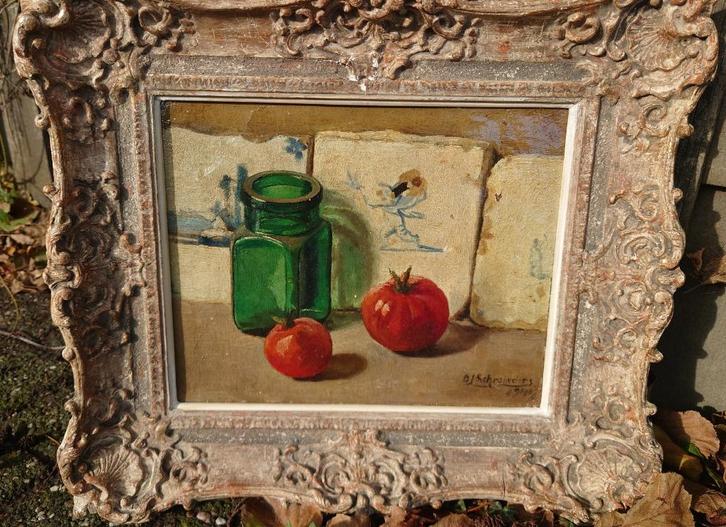 BJ Schreinders (1913-1983) Stilleven met tomaat en tegeltjes, Antiek en Kunst, Kunst | Schilderijen | Klassiek, Ophalen of Verzenden