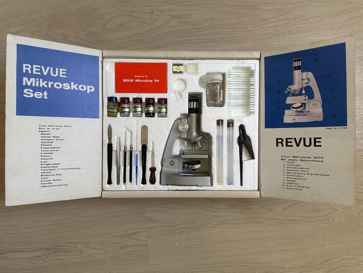 Vintage Revue Microscoop Set 900X met toebehoren, Audio, Tv en Foto, Optische apparatuur | Microscopen, Gebruikt, Biologische microscoop