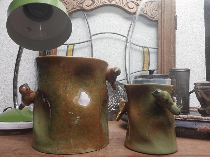 2 mooie herfst vaasjes / potjes met vogeltjes, Huis en Inrichting, Woonaccessoires | Vazen, Zo goed als nieuw, Overige kleuren