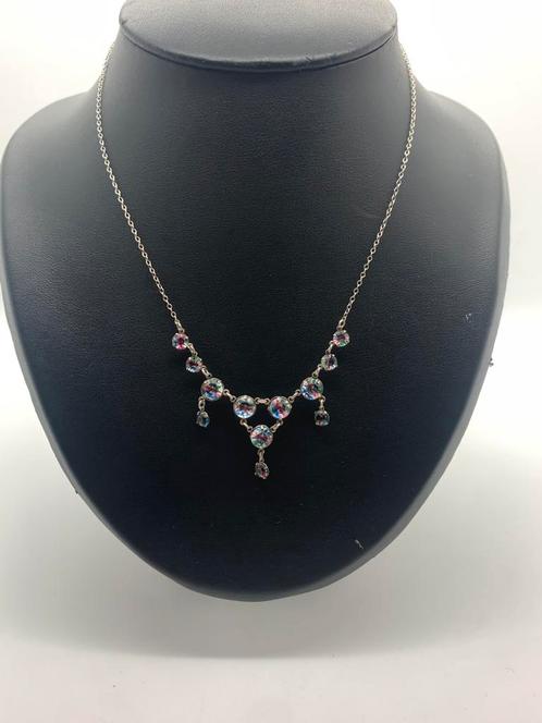 T843 Prachtige zilveren ketting mystic topaas, Sieraden, Tassen en Uiterlijk, Antieke sieraden, Ketting, Zilver, Ophalen of Verzenden