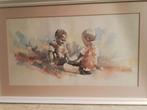 Aquarel  2 kleuters in lijst 40 x 60 cm, Ophalen, Zo goed als nieuw