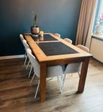Teakhouten eettafel met hardstenen blad, Ophalen, Gebruikt, 200 cm of meer, 50 tot 100 cm