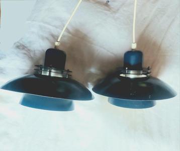 2x vintage hang lamp blauw metaal hout armatuur industrieel beschikbaar voor biedingen