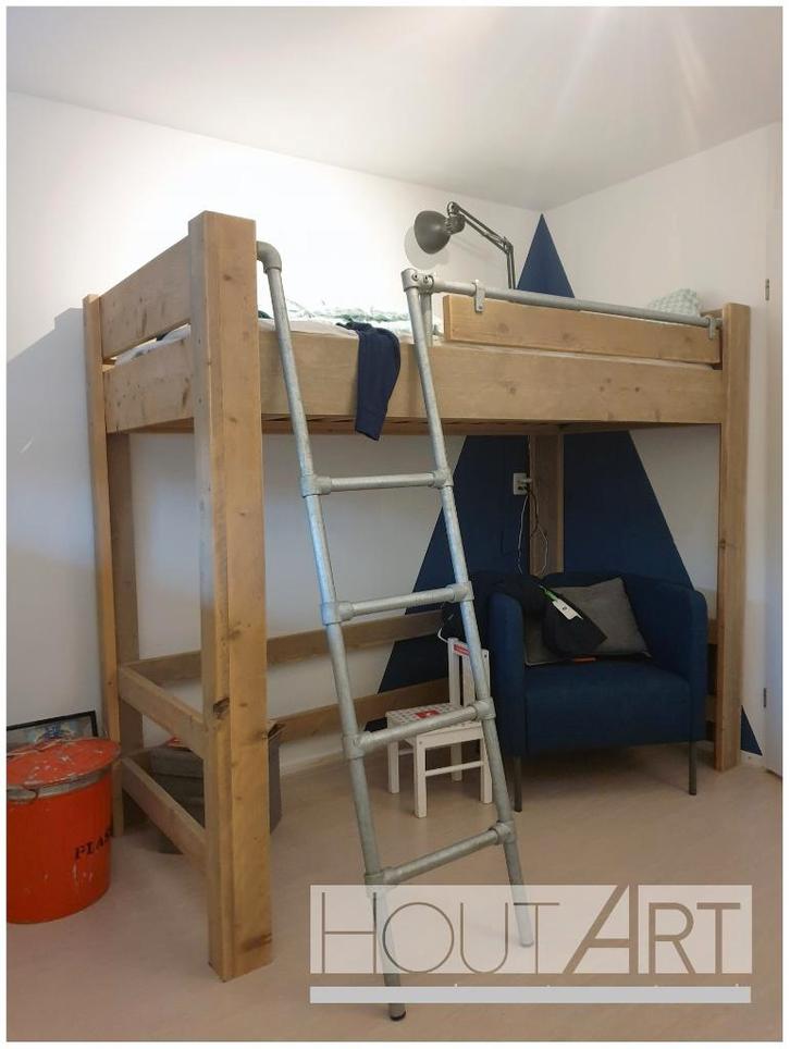 Hoogslaper steigerhout met trap van steigerbuis, Huis en Inrichting, Slaapkamer | Stapelbedden en Hoogslapers, Nieuw, Hoogslaper