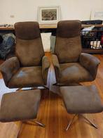 2 Bruine Fauteuils met Voetenbankjes - Pronto, Huis en Inrichting, Fauteuils, Ophalen, Gebruikt, Minder dan 75 cm, Metaal
