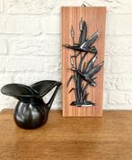 Vintage wandplaat: houtfineer + kunststof vogels, 60er jaren, Ophalen of Verzenden, Gebruikt