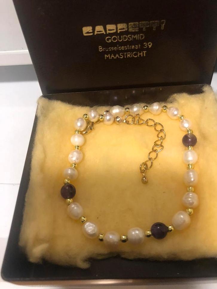 Parel armband Juwelier Amethist Goud Vintage ., Sieraden, Tassen en Uiterlijk, Armbanden, Zo goed als nieuw, Overige materialen