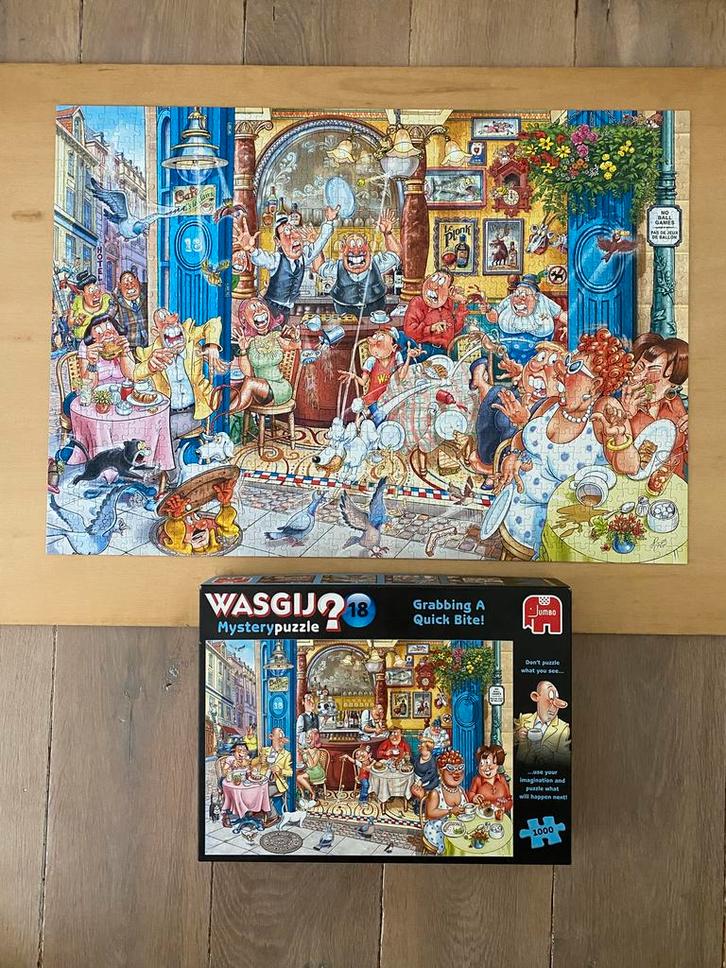 Wasgij Mystery puzzel nr. 18 café 1000 stukjes, Hobby en Vrije tijd, Denksport en Puzzels, Zo goed als nieuw, 500 t/m 1500 stukjes