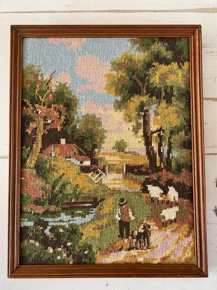 Gehaakt Schilderij Landschap in Houten Lijst, Antiek en Kunst, Kunst | Overige Kunst, Ophalen of Verzenden