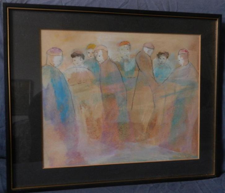 Gemengde techniek Acht staande figuren Ellen van Hemert, Antiek en Kunst, Kunst | Tekeningen en Foto's, Ophalen of Verzenden