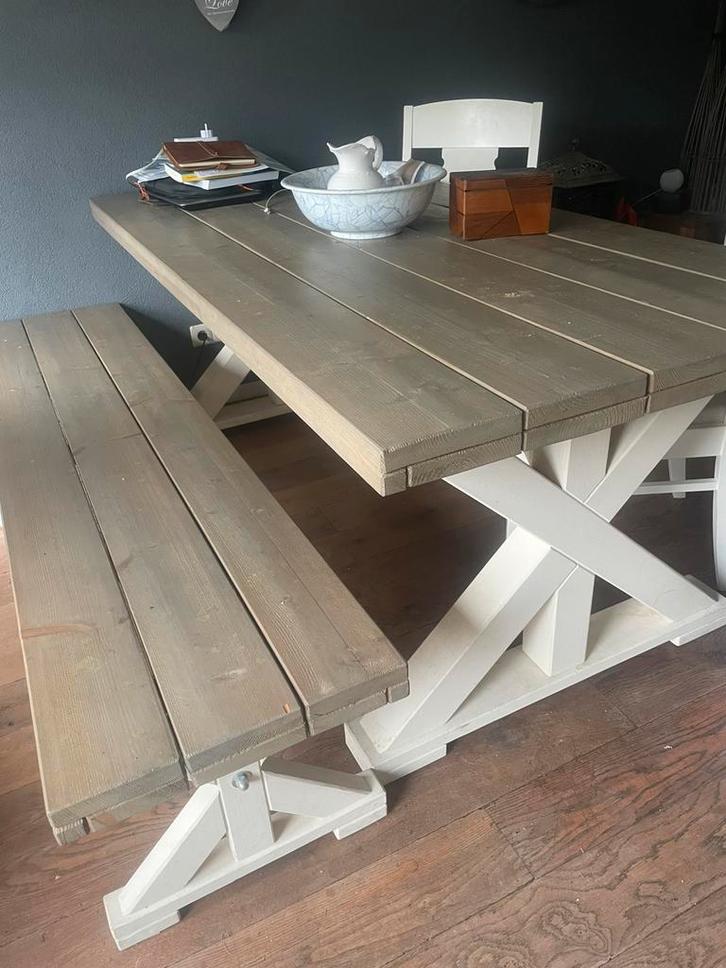 Landelijke eettafel met bijbehorend bankje, Huis en Inrichting, Tafels | Eettafels, Gebruikt, 50 tot 100 cm, 200 cm of meer, Vijf personen of meer