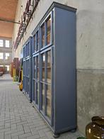 XL Vintage Houten Vitrinekast Blauw | Grote Vitrine Kast 2, Antiek Retro Vintage Brocante Landelijk, 200 cm of meer, 150 tot 200 cm