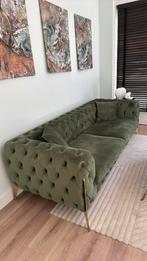 Velours groene 3-zits bank, Huis en Inrichting, Ophalen, Gebruikt, Chesterfield, Driepersoons