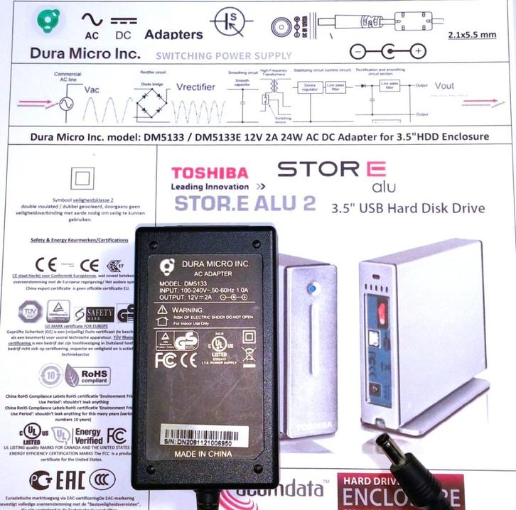 Dura Micro DM5133 12V 2A 24W Adapter Toshiba STORE.E ALU 2, Computers en Software, Pc- en Netwerkkabels, Zo goed als nieuw, Ophalen of Verzenden