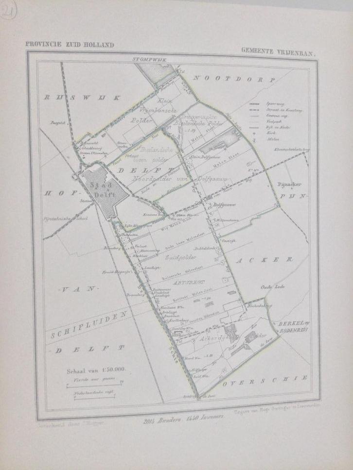 Delft, Vrijenban, Jacob Kuyper, 1865, Antiek en Kunst, Kunst | Etsen en Gravures, Verzenden