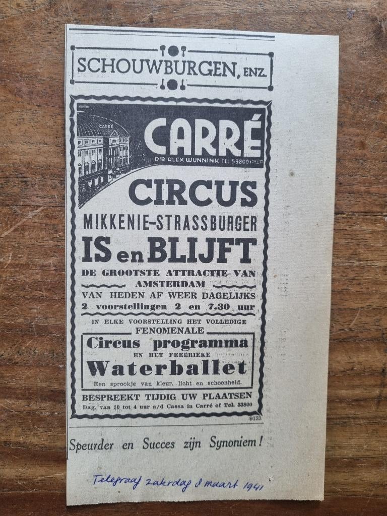 Advertentie Circus Carré Mikkenie-Strassburger (1941), Ophalen of Verzenden, 1940 tot 1960, Knipsel(s)